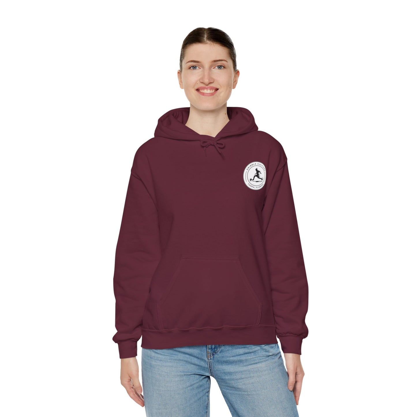 Dribble Soccer Heavy Blend Hoody - Classic Girls' Hoodie in Dark Colors with Front Small Badge and Back Design